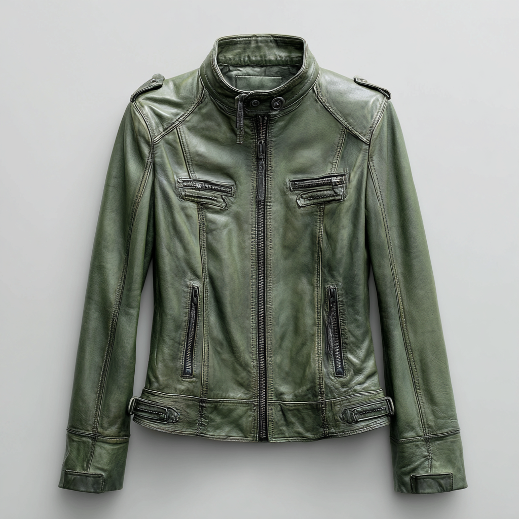 Damen Lederjacke - Damen - Echtleder - Olivgrün - Stehkragen mit Reißverschlusstaschen - Herbst-Craftuse