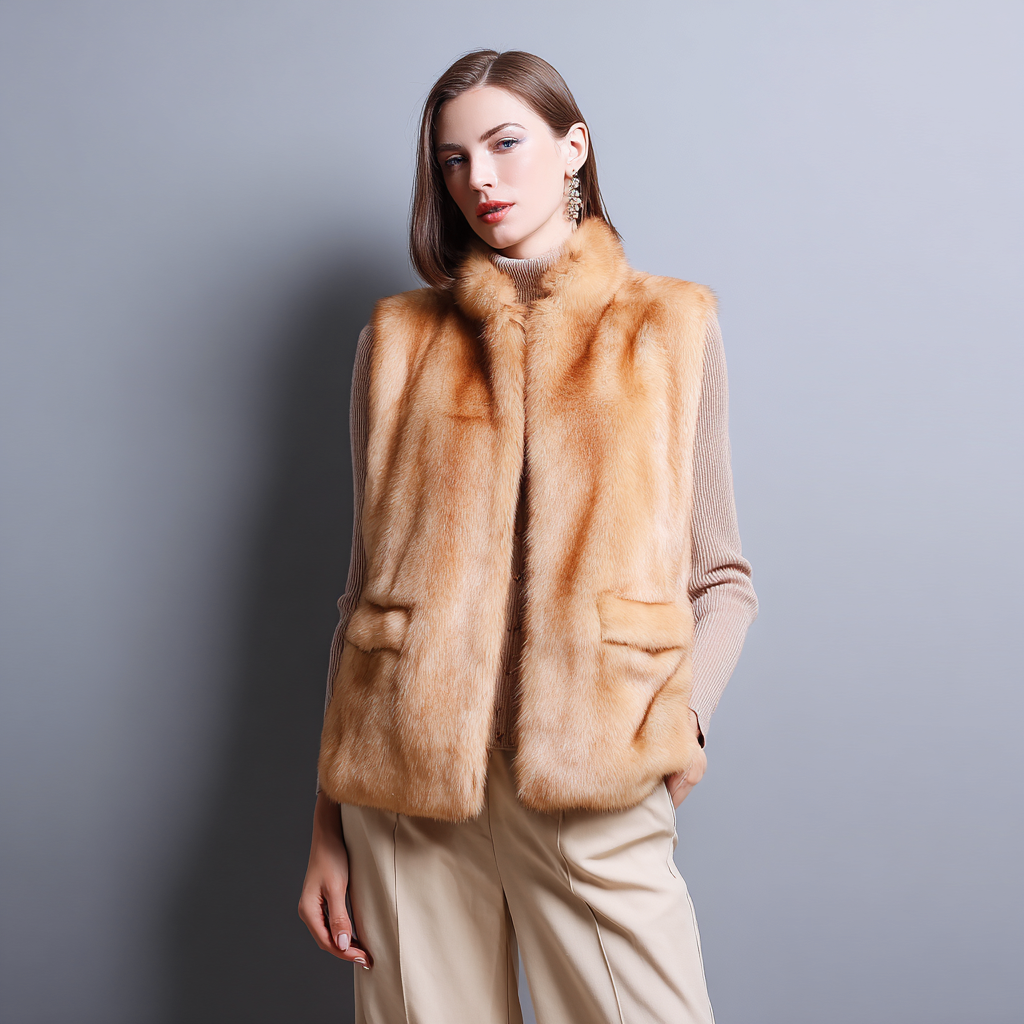 Damen Nerzweste - Echtpelz - Mittel - Goldbernstein - Klassische Echtpelzweste mit Stehkragen - Größe M-Craftuse