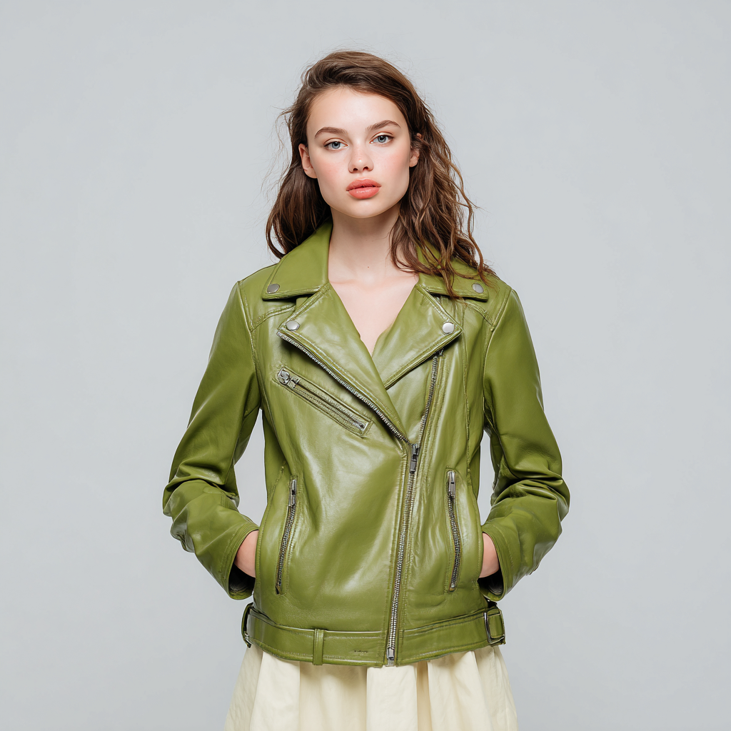 Damen Lederjacke - Damen - Echtleder - Apfelgrün - Bikerjacke mit asymmetrischem Reißverschluss - Frühling-Craftuse