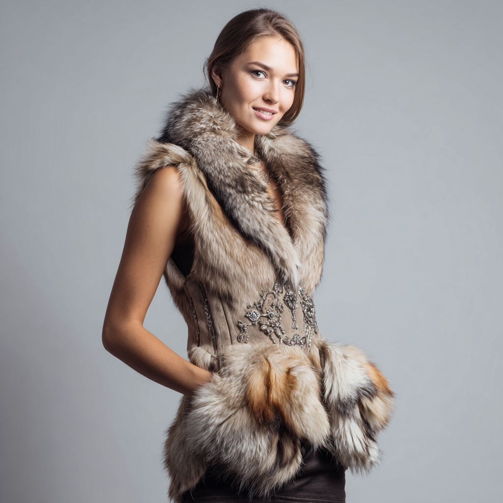 Damen Nerzweste - Echtpelz - Hellbraun-Grau - Mit Stickerei und Perlenverzierung - Herbst-Winterstil - Größe M-Craftuse