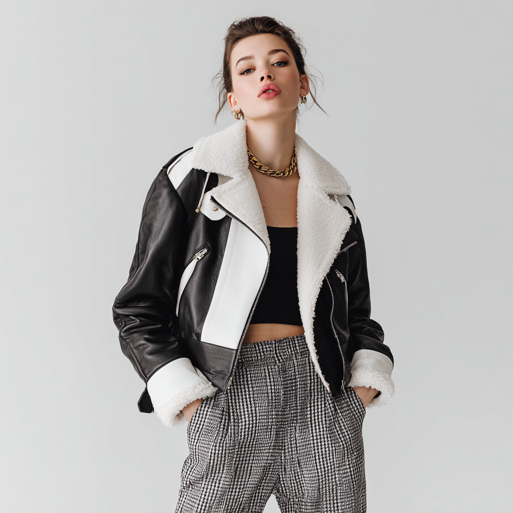 Damen Lederjacke - Damen - Kunstleder - Schwarz-Weiß - Bikerjacke mit Shearling-Futter und Kontrastdesign - Winter-Craftuse