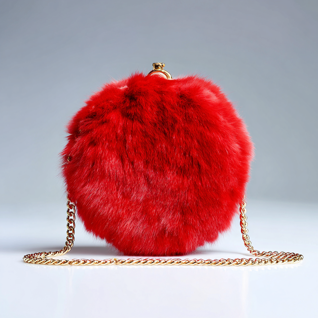 Damen Felltasche - runde Clutch aus rotem Fell mit goldfarbener Kette - Abendtasche - elegant und modern - klein-Craftuse
