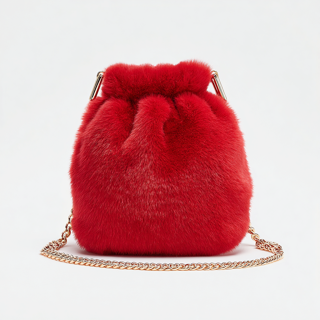 Damen Felltasche - Beuteltasche aus rotem Fell mit goldfarbener Kette - luxuriöses Design - Abendtasche - klein-Craftuse