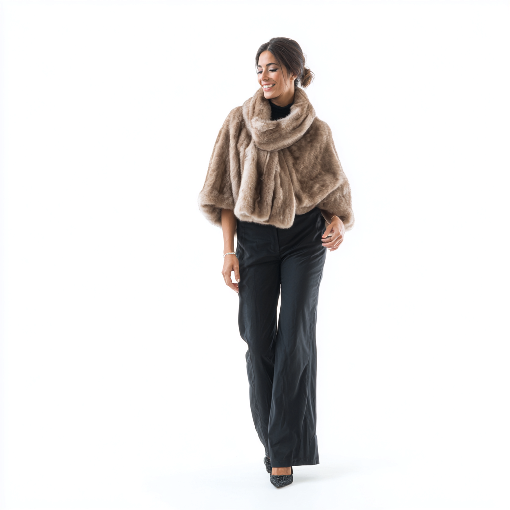 Damen Nerzstola - Damen - Echtpelz - Hellbeige - Kurzes Cape mit weitem Kragen für Herbst-Winter - Größe S-Craftuse