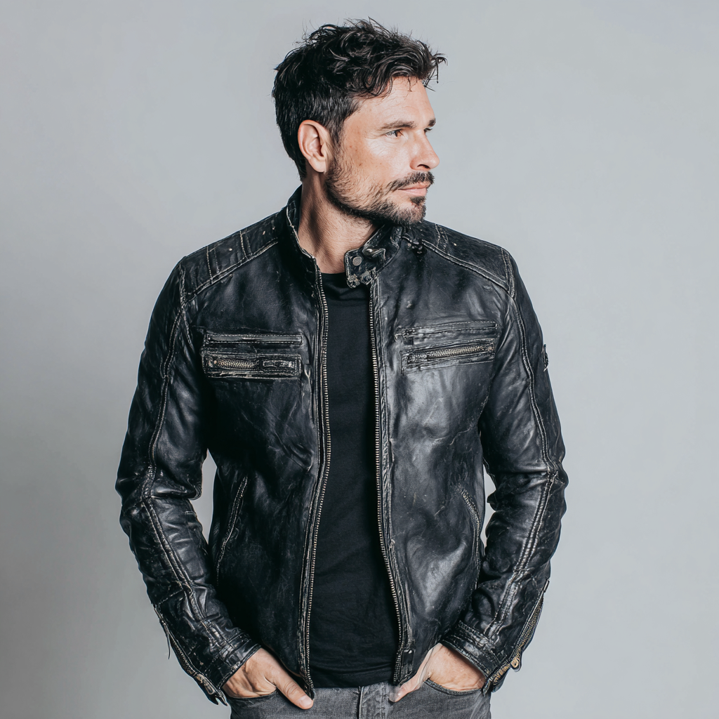Herren Lederjacke - Herren - Echtleder - Schwarz - Slim Fit Vintage Bikerjacke mit Reißverschlussdetails - Größe L-Craftuse