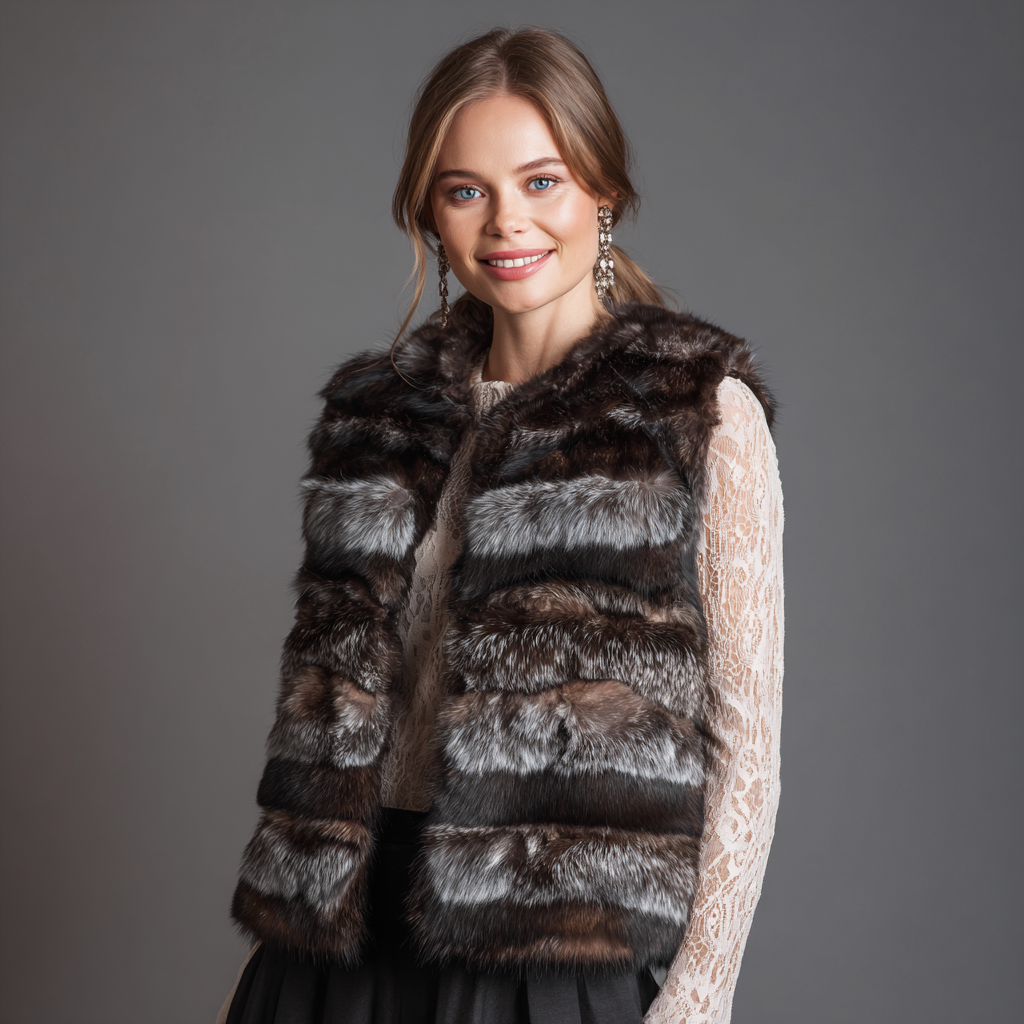 Damen Nerzweste - Echtpelz - Dunkelbraun-Silbergrau - Kurz - Klassischer Winterstil - Größe M-Craftuse