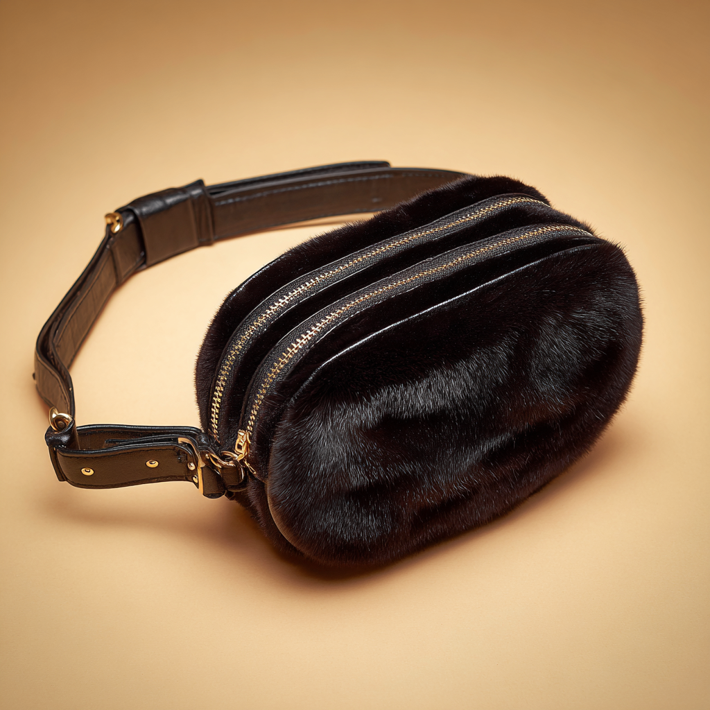 Damen Felltasche - Gürteltasche - Echtpelz Schwarz - Mit Doppelreißverschluss und Lederdetails - Kompaktformat-Craftuse
