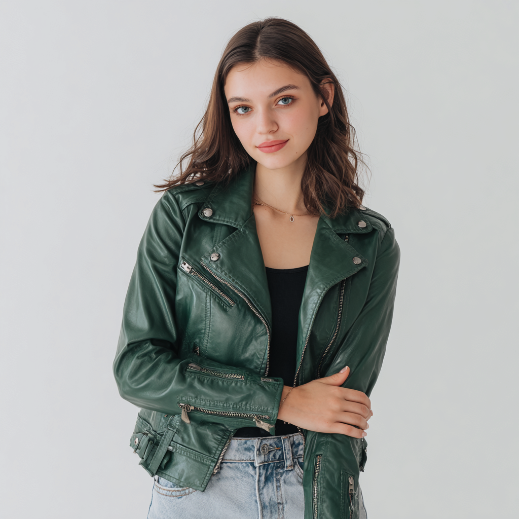 Damen Lederjacke - Damen - Echtleder - Waldgrün - Klassische Bikerjacke mit asymmetrischem Reißverschluss und Riegeln - Übergangszeit-Craftuse