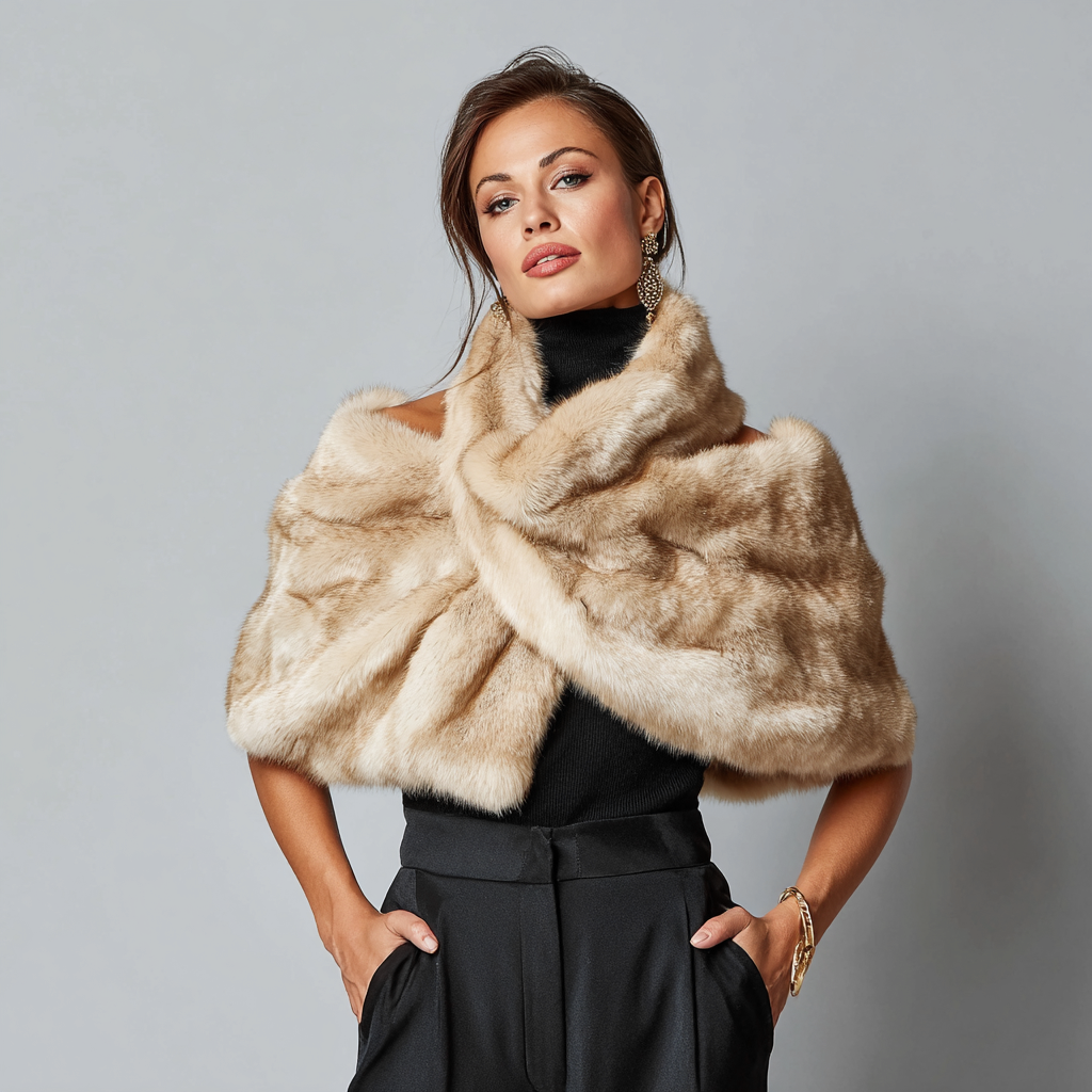 Damen Nerzstola - Damen - Echtpelz - Champagnerbeige - Kurzes überkreuztes Schultercape für Herbst-Winter - Größe M-Craftuse