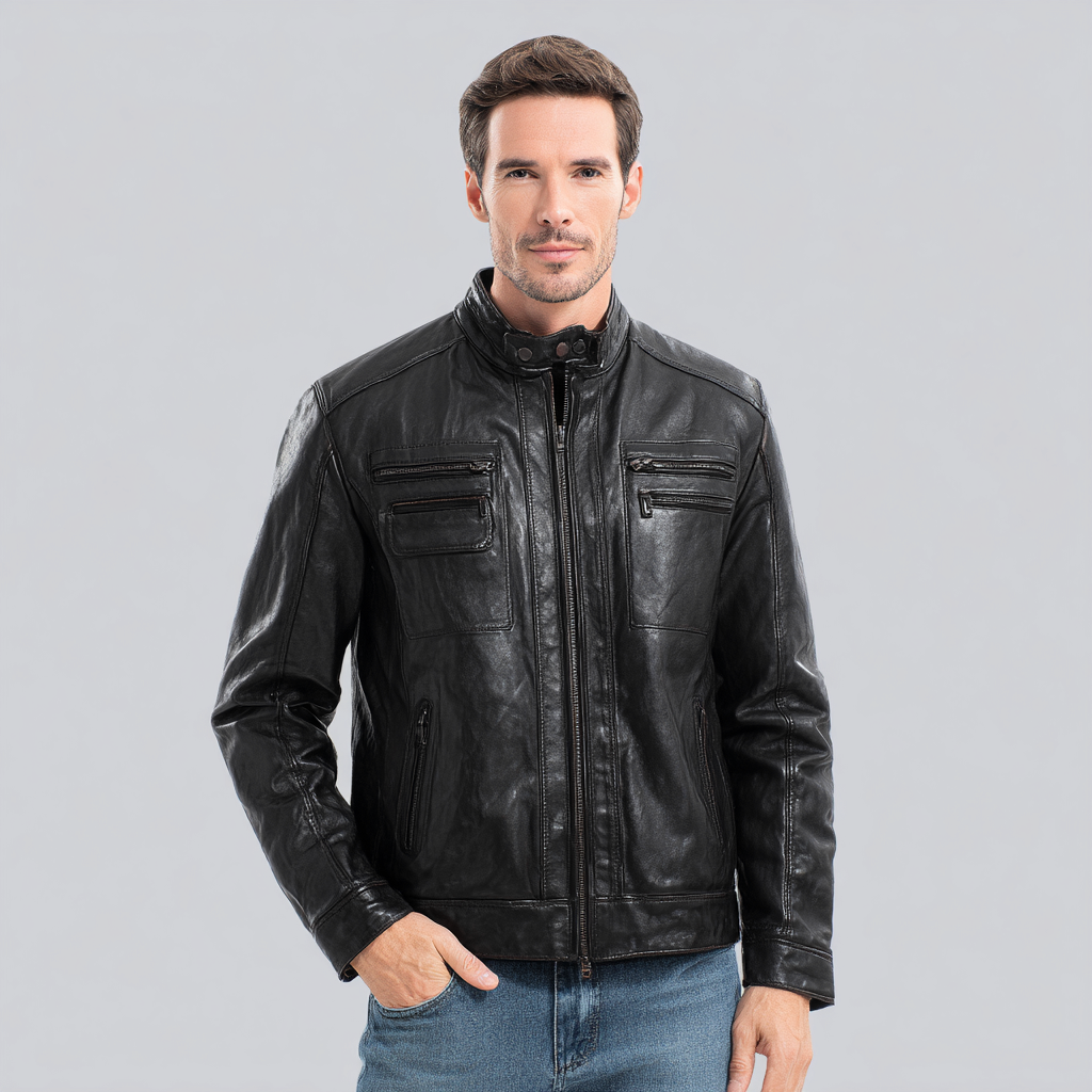 Herren Lederjacke - Herren - Echtleder - Schwarz - Klassische Stehkragenjacke mit Reißverschlusstaschen - Größe L-Craftuse