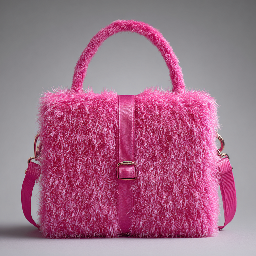 Damen Felltasche - Handtasche - Kunstpelz Pink - Strukturierte Form mit Mittelriemen - Mittelgröße-Craftuse