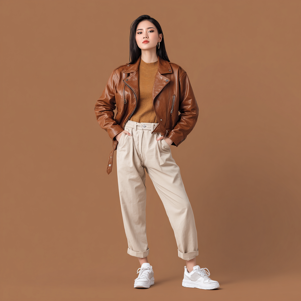 Damen Lederjacke - Damen - Echtleder - Cognacbraun - Kurze Bikerjacke mit Gürtel - Herbst-Winter-Craftuse