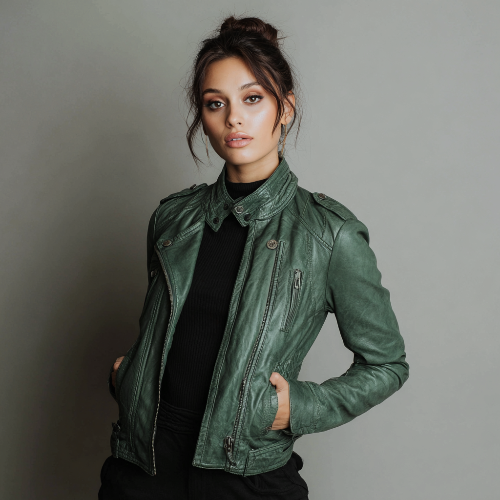 Damen Lederjacke - Damen - Echtleder - Tannengrün - Kurzjacke im Bikerstil mit Reißverschluss und Stehkragen - Herbst-Craftuse
