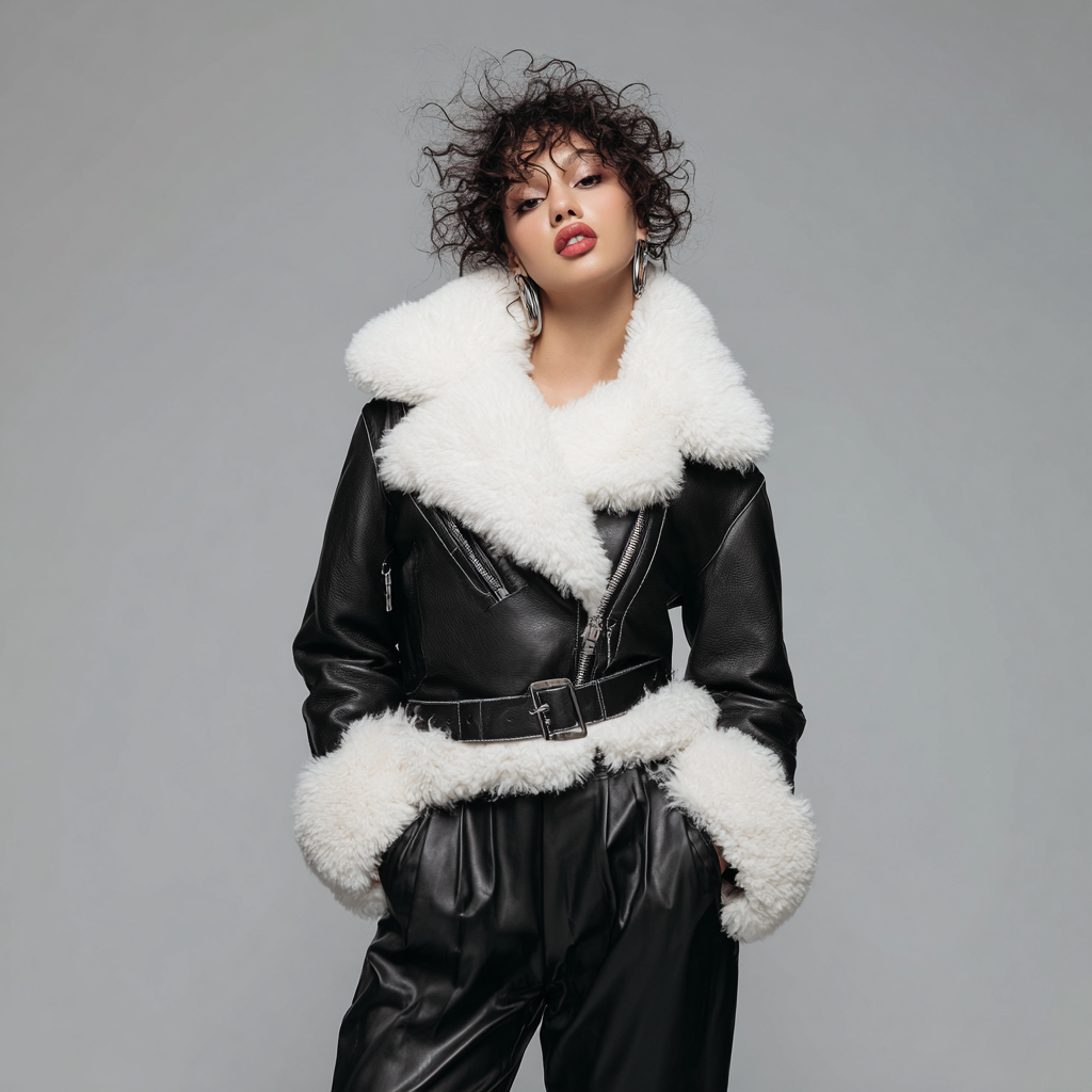 Damen Lederjacke - Damen - Echtleder - Schwarz - Bikerjacke mit Shearling-Futter und Taillengürtel - Winter-Craftuse