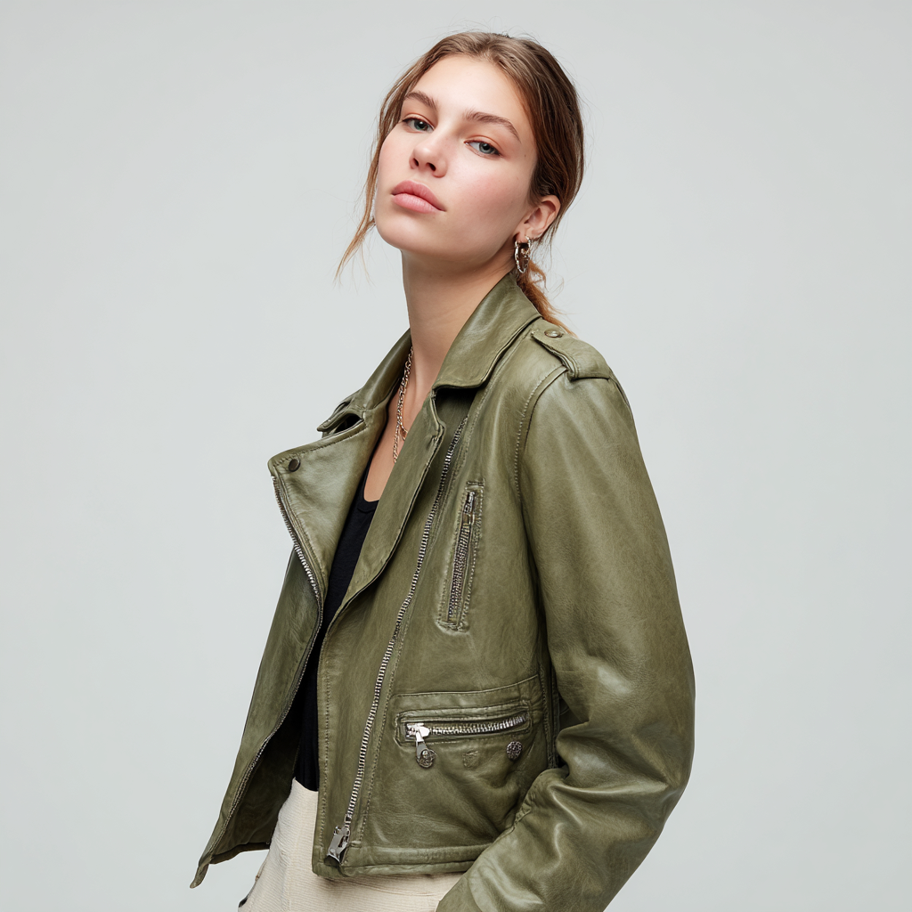 Damen Lederjacke - Damen - Echtleder - Olivgrün - Kurze Bikerjacke mit asymmetrischem Reißverschluss und Schulterriegeln - Übergangszeit-Craftuse