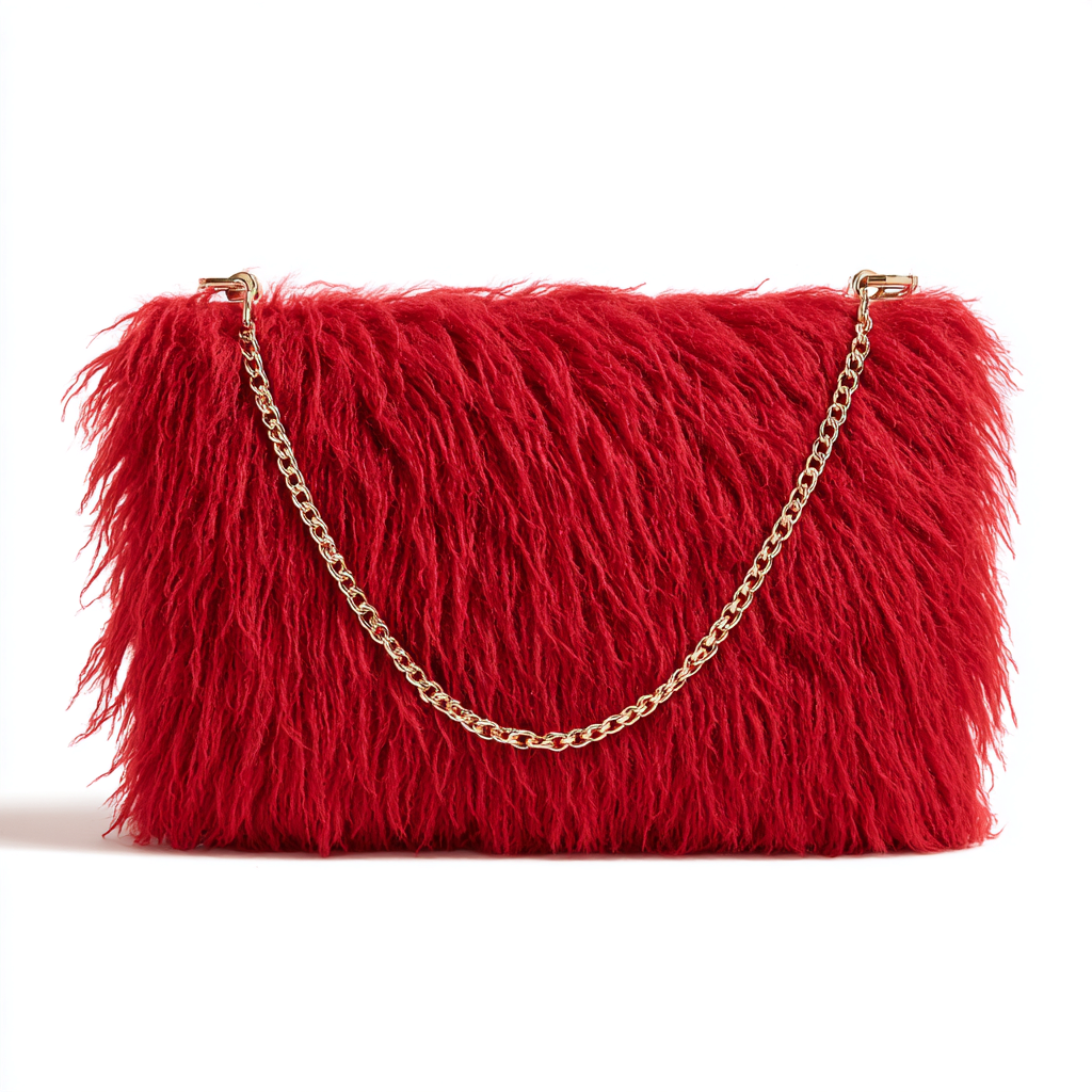 Damen Felltasche - Clutch aus Fell mit goldfarbener Kette - rot - luxuriöses Abenddesign - mittelgroß-Craftuse