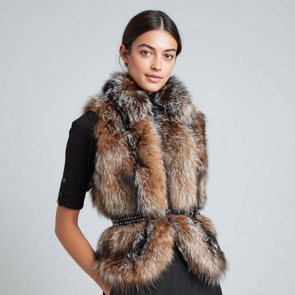 Damen Nerzweste - Echtpelz - Hellbraun-Schwarz - Mit Taillengürtel - Herbst-Winterstil - Größe S-Craftuse