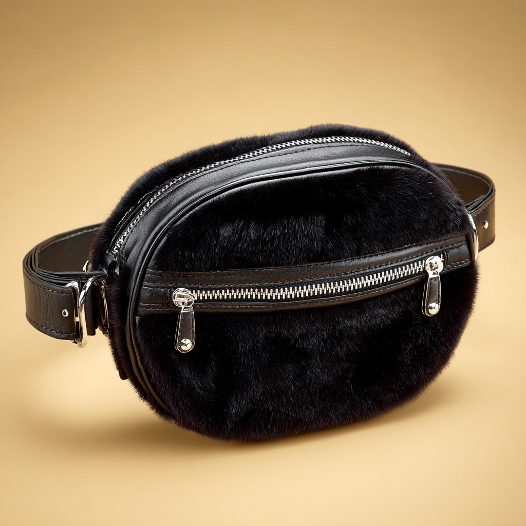 Damen Felltasche - Gürteltasche - Echtpelz Schwarz - Mit Reißverschluss und Lederdetails - Kompaktformat-Craftuse