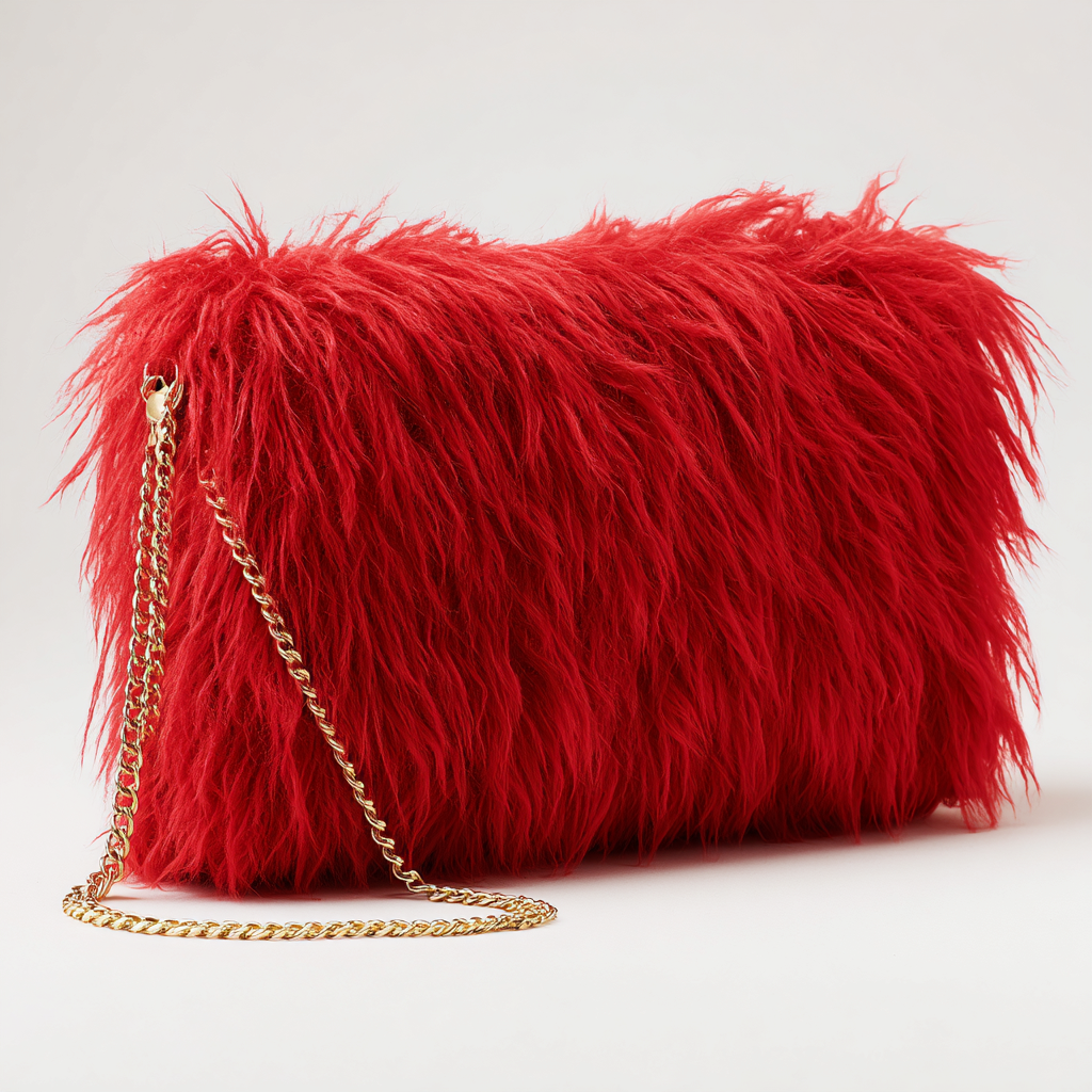 Damen Felltasche - Clutch aus langflorigem Fell mit goldfarbener Kette - kräftig rot - modisches Abenddesign - mittelgroß-Craftuse