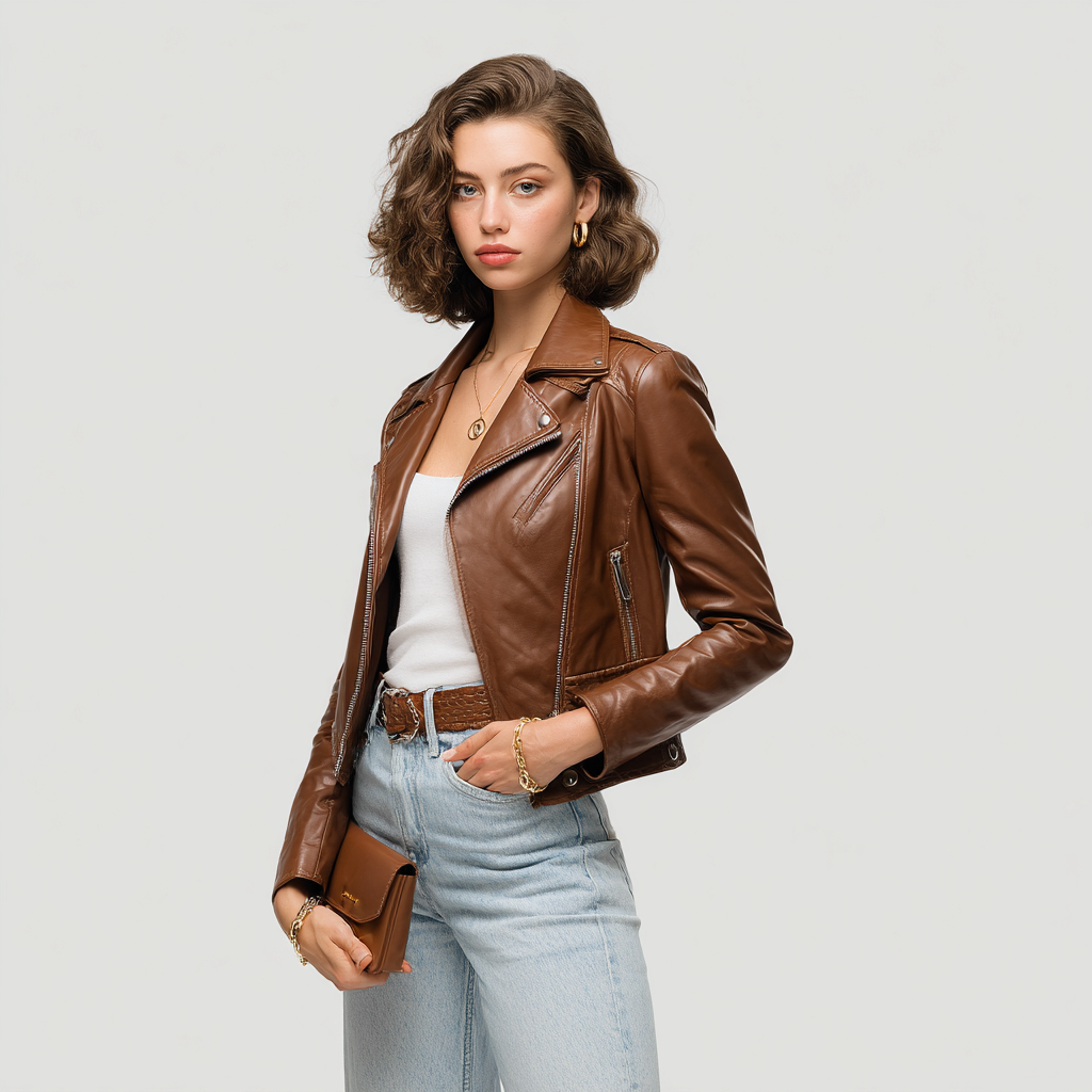 Damen Lederjacke - Damen - Echtleder - Cognacbraun - Klassische Bikerjacke mit Reißverschlüssen - Frühling-Herbst-Craftuse