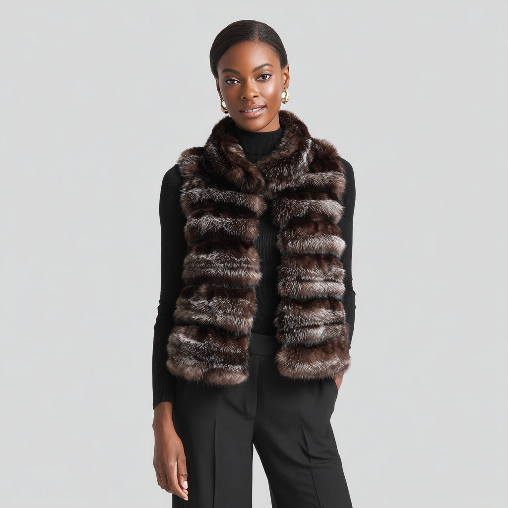 Damen Nerzweste - Echtpelz - Dunkelbraun-Silbergrau - Kurz - Luxus Winterdesign - Größe M-Craftuse