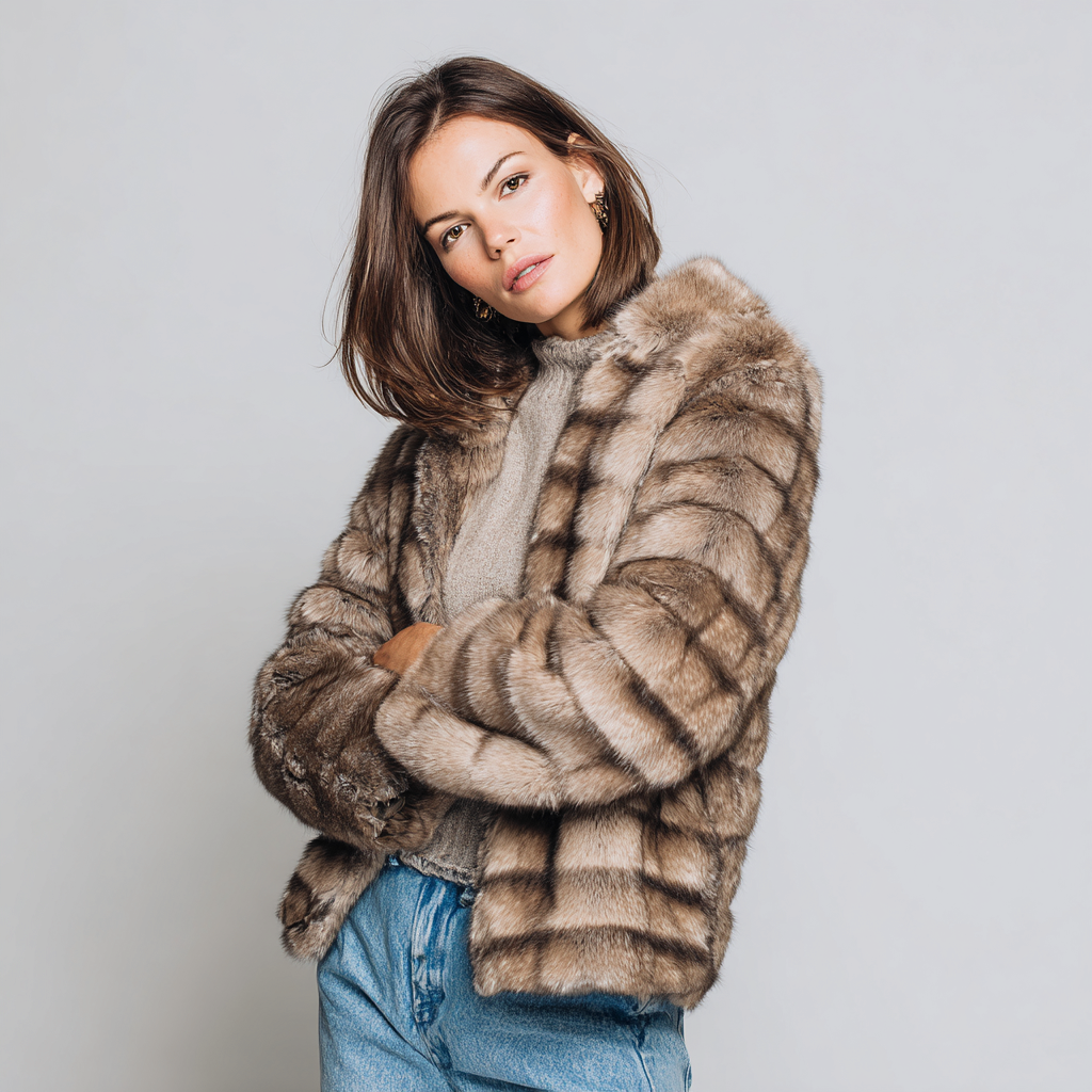 Damen Nerzmantel - Jacke - Nerz - Beige-Braun - Kurz - Einheitsgröße-Craftuse