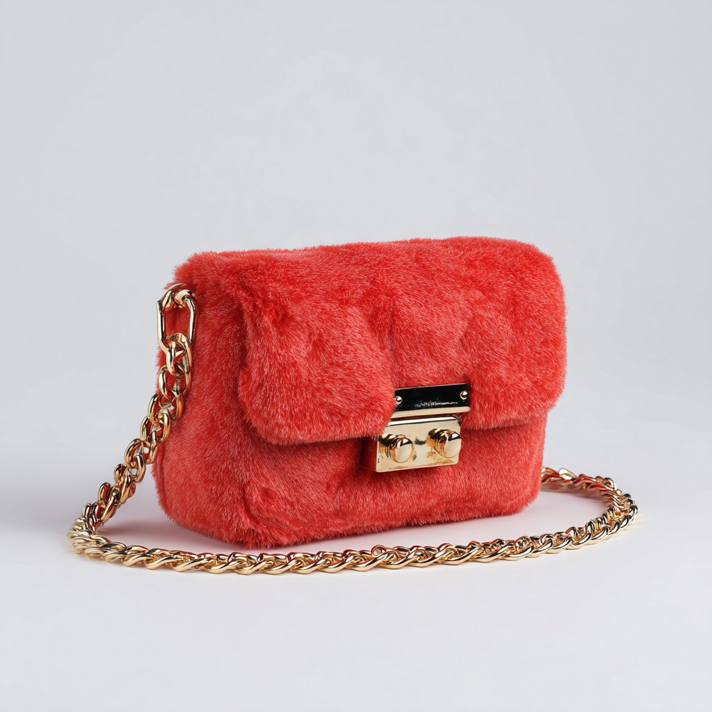 Damen Felltasche - Schultertasche aus Fell mit Goldverschluss - korallenrot - elegantes Design mit Kettenriemen - klein-Craftuse