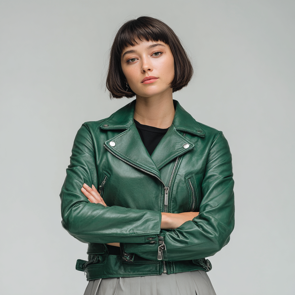 Damen Lederjacke - Damen - Echtleder - Dunkelgrün - Kurze Bikerjacke mit asymmetrischem Reißverschluss und Taillenriemen - Frühling-Craftuse