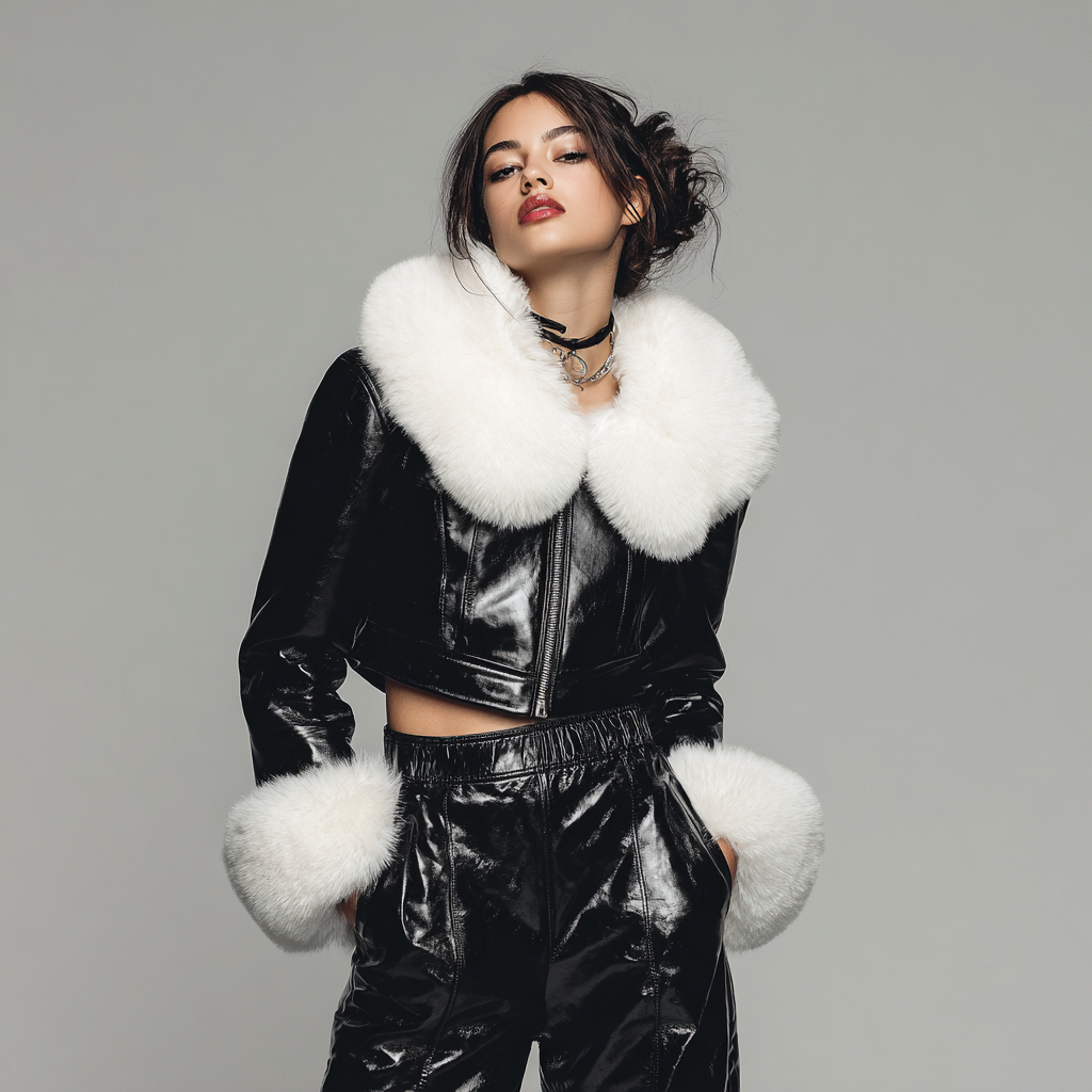 Damen Lederjacke - Damen - Kunstleder - Schwarz - Kurzjacke mit weißem Fellkragen und Manschetten - Winter-Craftuse