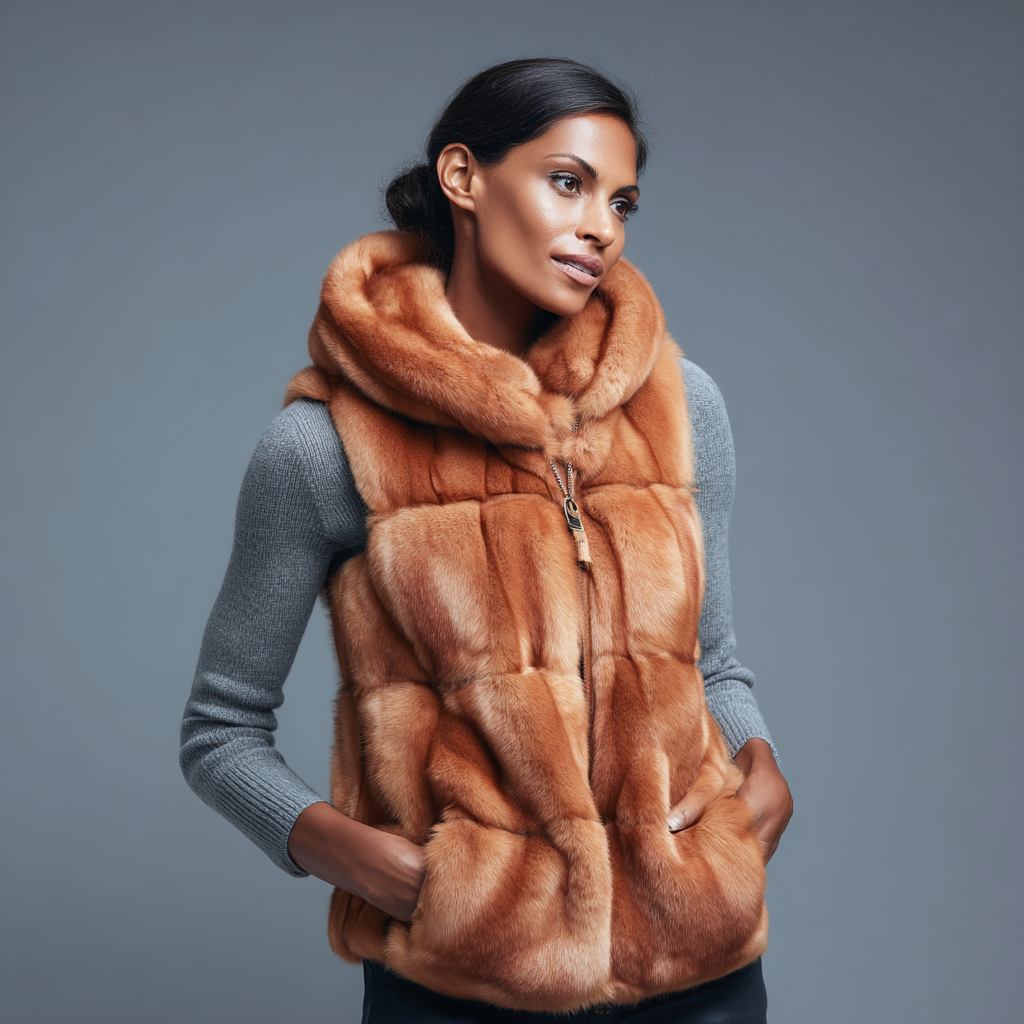 Damen Nerzweste - Echtpelz - Kupferbraun - Mit Kapuze - Herbst-Winterstil - Größe M-Craftuse