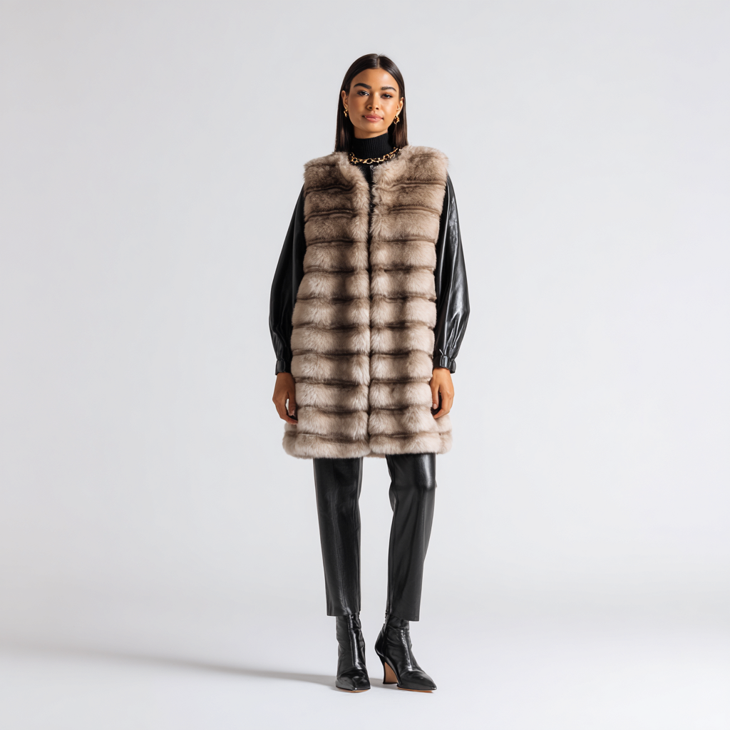 Damen Nerzweste - Echtpelz - Hellbraun-Grau - Langes Modell - Horizontalstreifen - Größe M-Craftuse