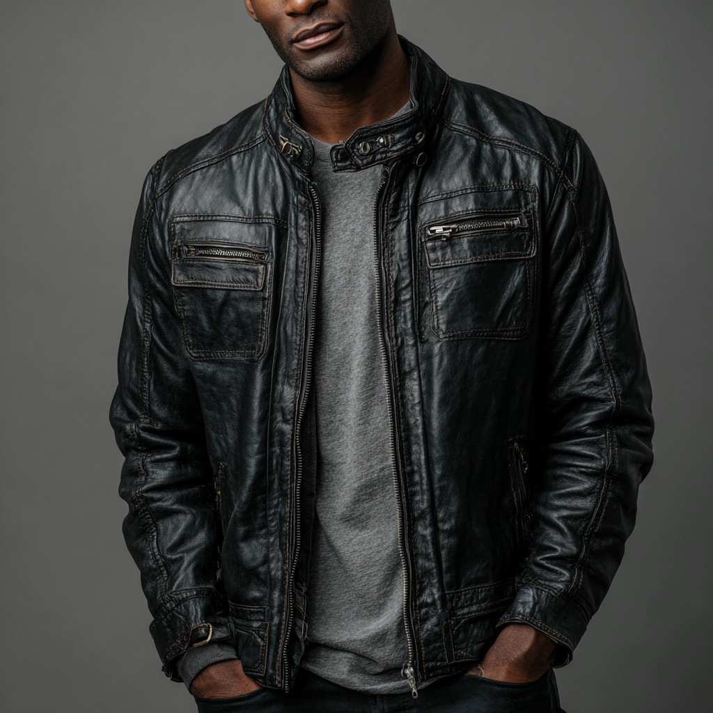 Herren Lederjacke - Herren - Echtleder - Schwarz - Vintage-Bikerjacke mit Reißverschlusstaschen - Größe L-Craftuse