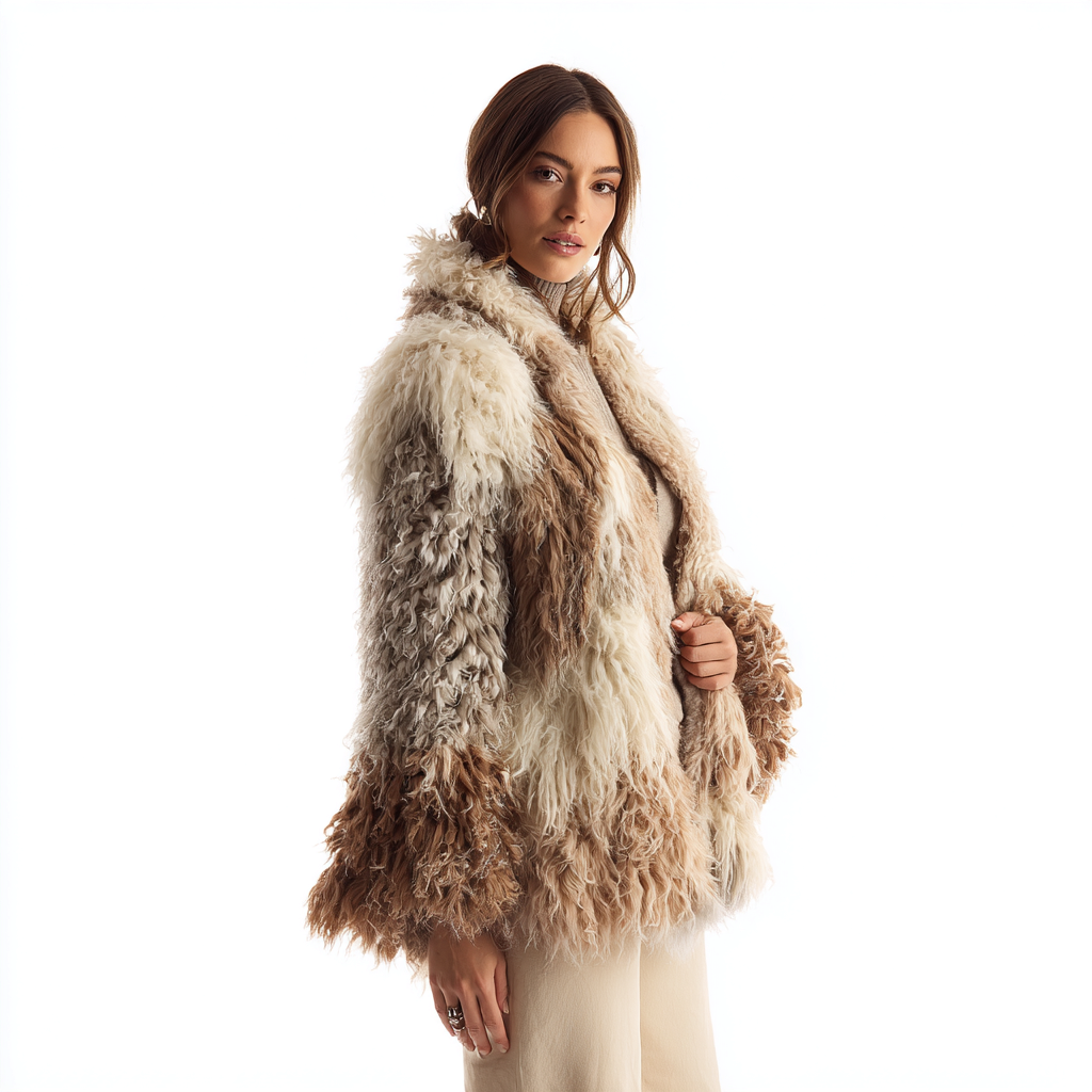 Damen Felljacke - Jacke - Mohair-Alpakawolle - Beige-Braun - Langarm - Einheitsgröße-Craftuse