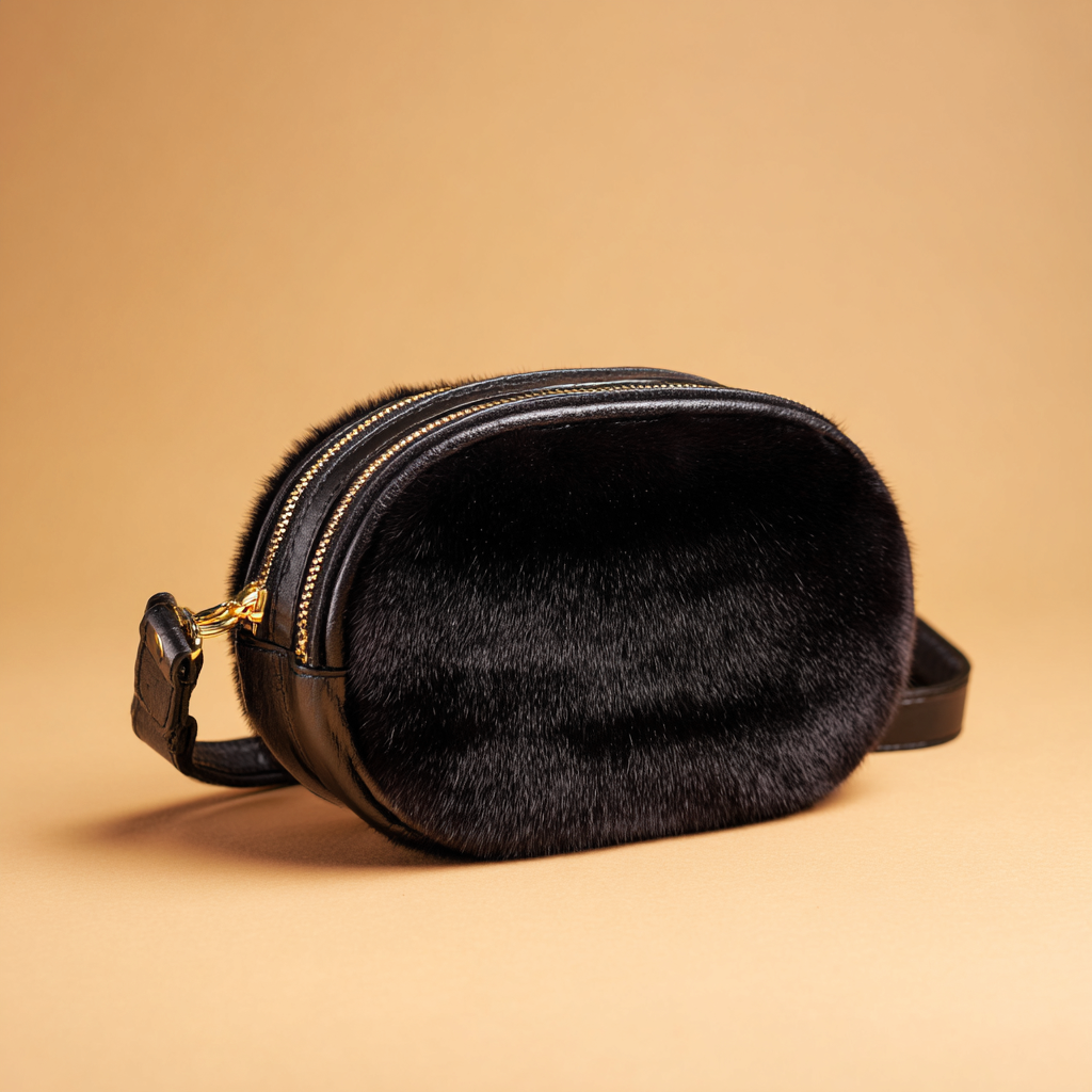 Damen Felltasche - Gürteltasche - Echtpelz Schwarz - Mit Doppelreißverschluss und Lederdetails - Kompaktformat-Craftuse