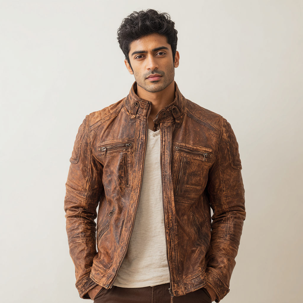 Herren Lederjacke - Herren - Echtleder - Dunkelbraun - Vintage-Bikerjacke mit Reißverschlusstaschen - Größe L-Craftuse