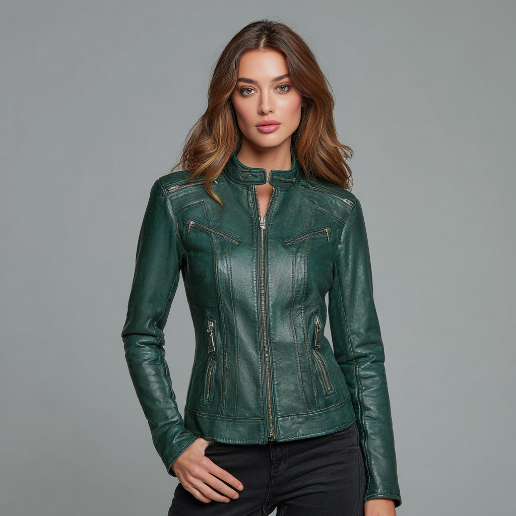 Damen Lederjacke - Damen - Echtleder - Dunkelgrün - Figurbetonte Jacke mit Stehkragen und Reißverschlüssen - Herbst-Craftuse