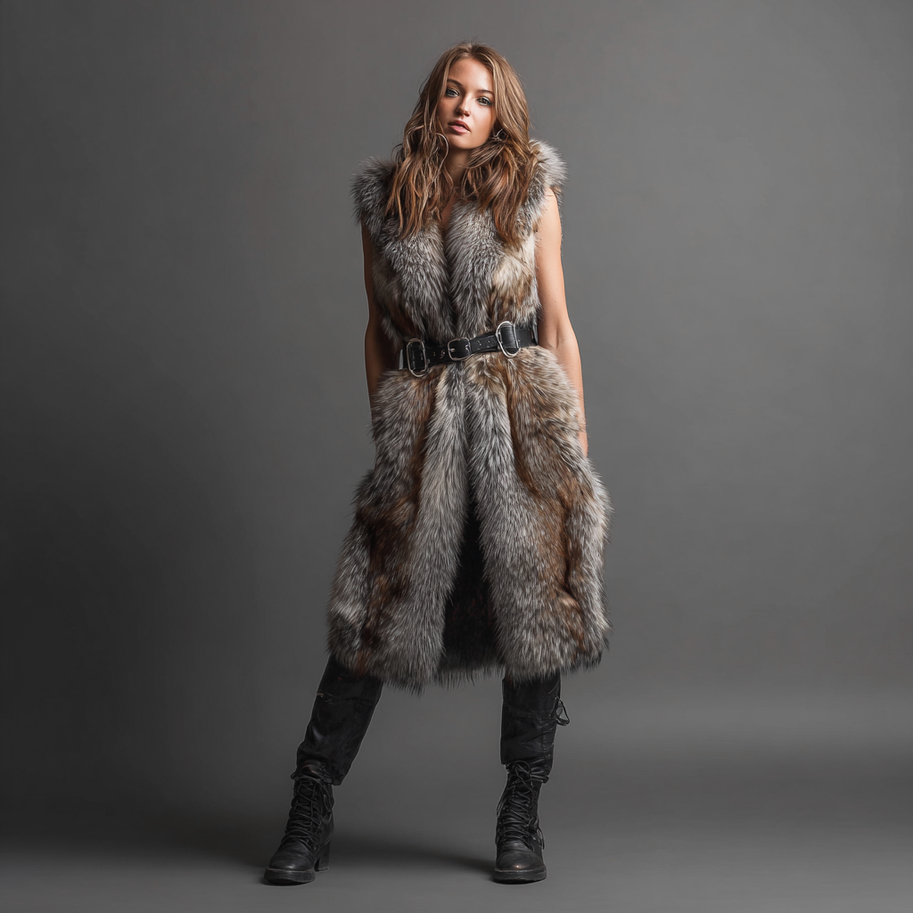 Damen Nerzweste - Echtpelz - Lang - Silber-Braun - Taillengürtel mit Metallschnalle - Größe M-Craftuse