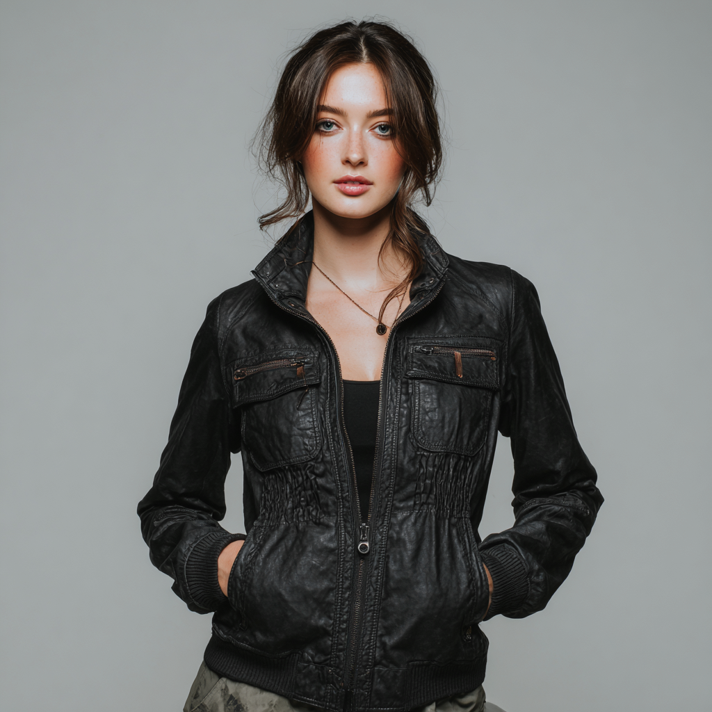 Damen Lederjacke - Damen - Echtleder - Schwarz - Kurze Jacke mit Stehkragen und Reißverschluss - Frühling-Herbst-Craftuse