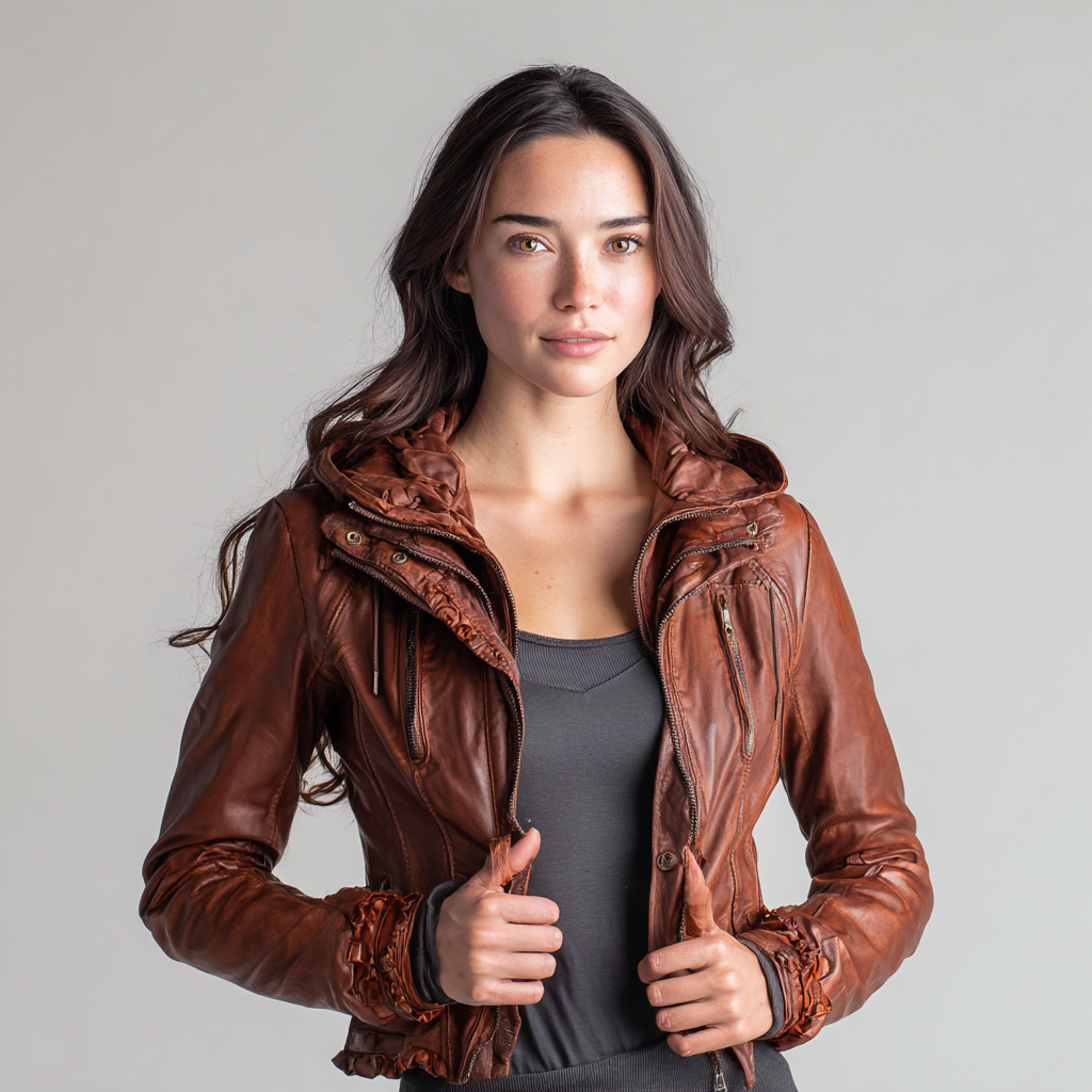 Damen Lederjacke - Damen - Echtleder - Dunkelbraun - Kurze Kapuzenjacke mit Reißverschluss - Herbst-Winter-Craftuse