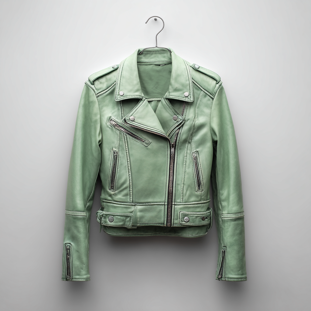Damen Lederjacke - Damen - Kunstleder - Mintgrün - Bikerjacke mit Reißverschluss und Nieten - Frühling-Craftuse