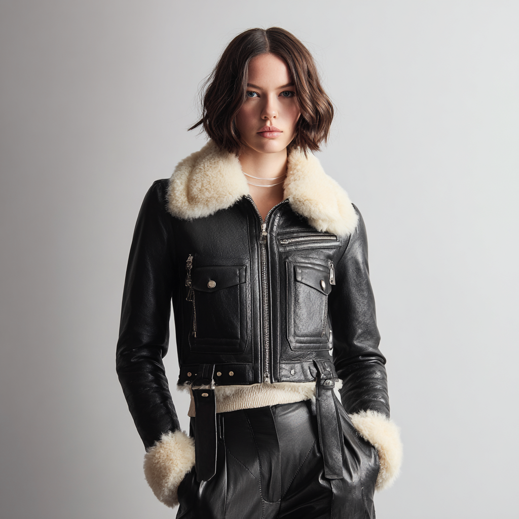 Damen Lederjacke - Damen - Echtleder - Schwarz - Kurzjacke mit Shearling-Kragen und Gürtel-Details - Winter-Craftuse