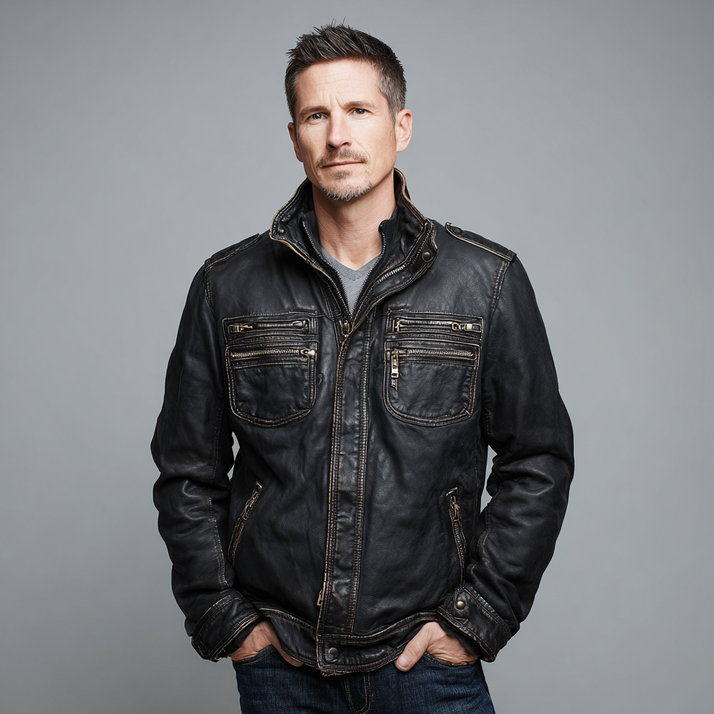 Herren Lederjacke - Herren - Echtleder - Schwarz - Bikerjacke mit Reißverschlusstaschen und Stehkragen - Größe L-Craftuse