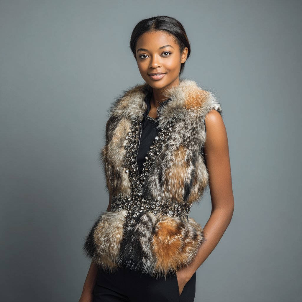 Damen Nerzweste - Echtpelz - Hellbraun-Schwarz - Mit Zierperlen - Herbst-Winterstil - Größe S-Craftuse