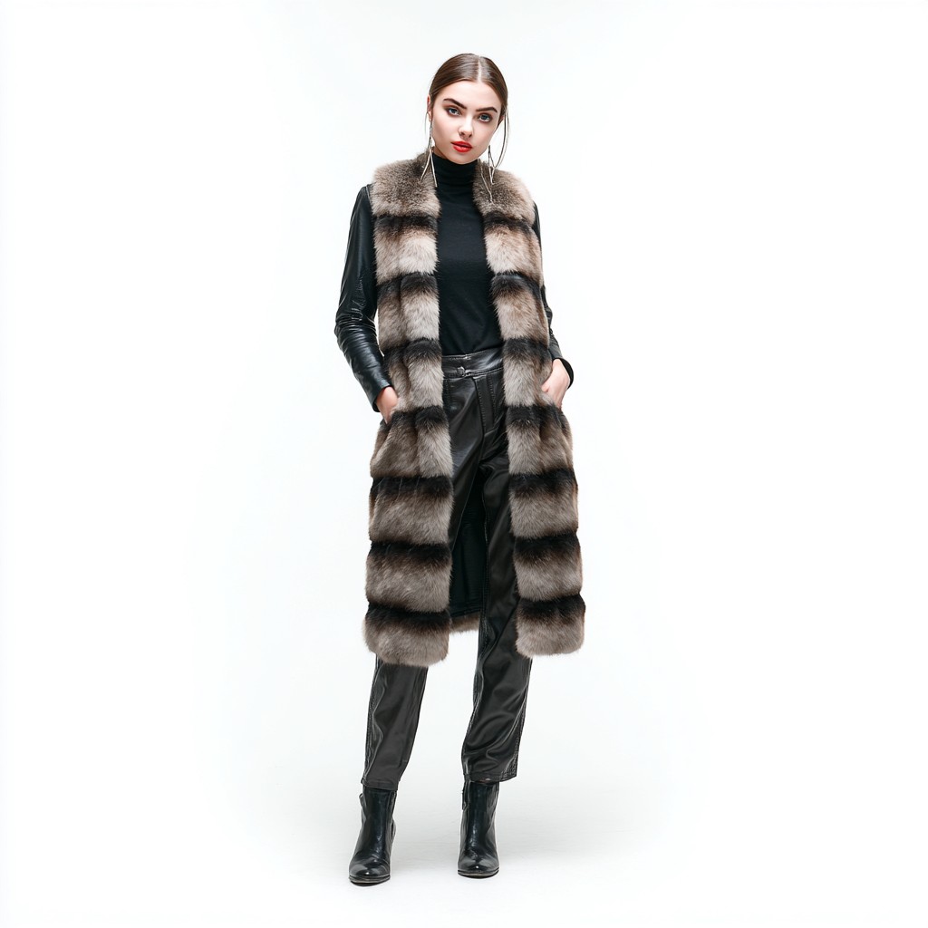 Damen Nerzweste - Echtpelz - Lang - Grau-Braun - Exklusive lange Pelzweste ohne Kapuze aus natürlichem Nerzfell - Größe M-Craftuse