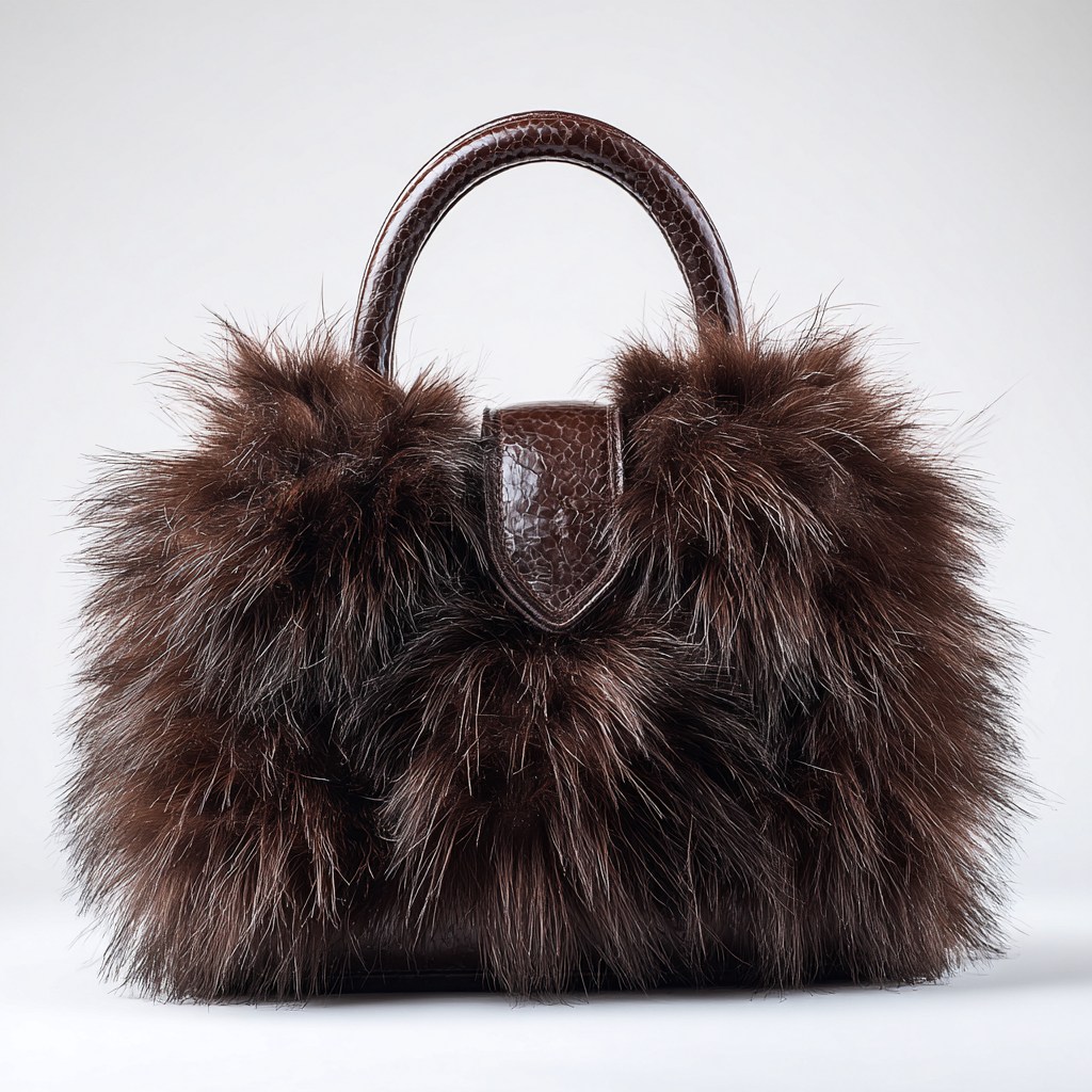 Damen Felltasche - Handtasche - Echtpelz Dunkelbraun - Voluminöses Design mit Ledergriff - Großformat-Craftuse