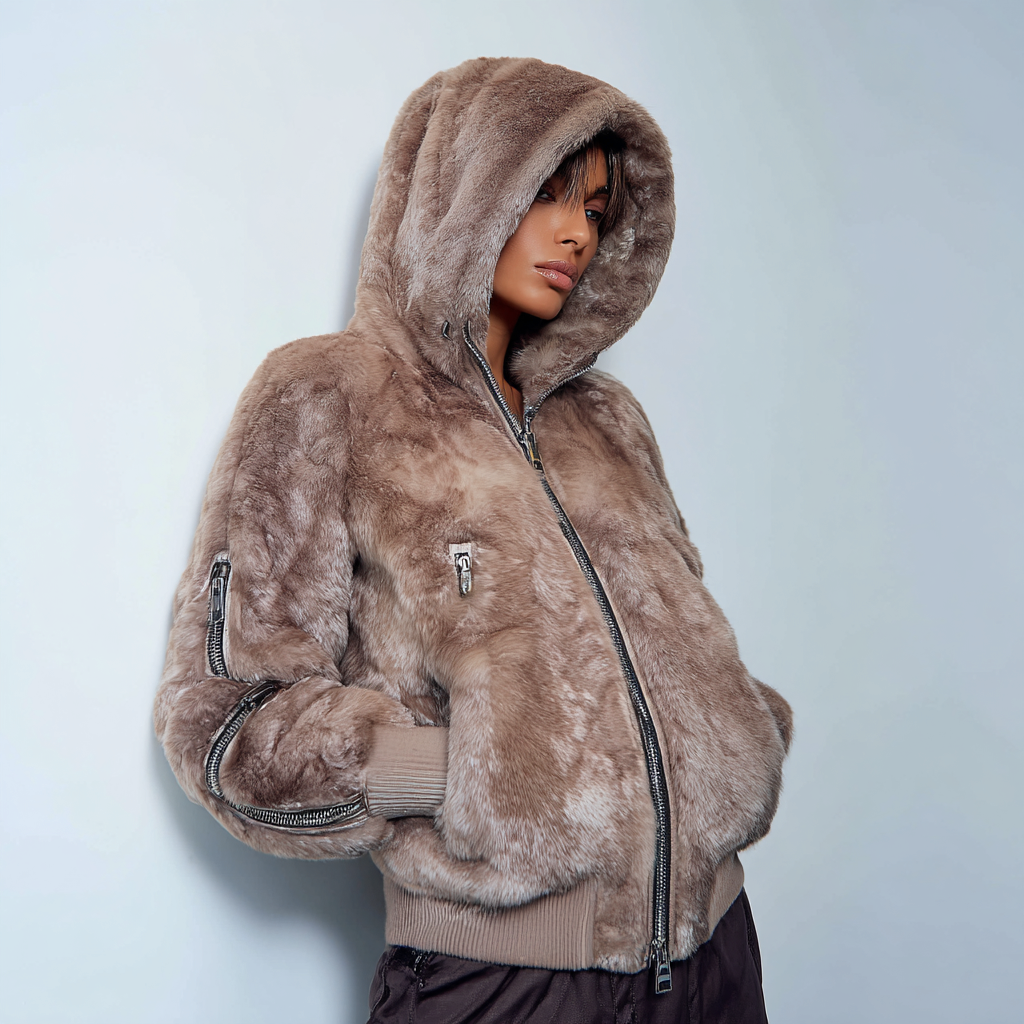 Damen Marderfell Bomberjacke mit Kapuze und Reißverschlüssen an den Ärmeln - Bomberjacke - Marderfell - Hellbraun - Normale Passform - Einheitsgröße-Craftuse