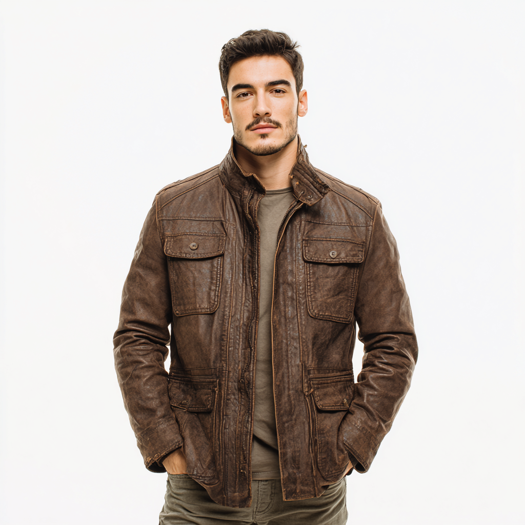 Herren Lederjacke - Herren - Echtleder - Braun - Freizeitjacke mit Stehkragen und Pattentaschen - Größe L-Craftuse