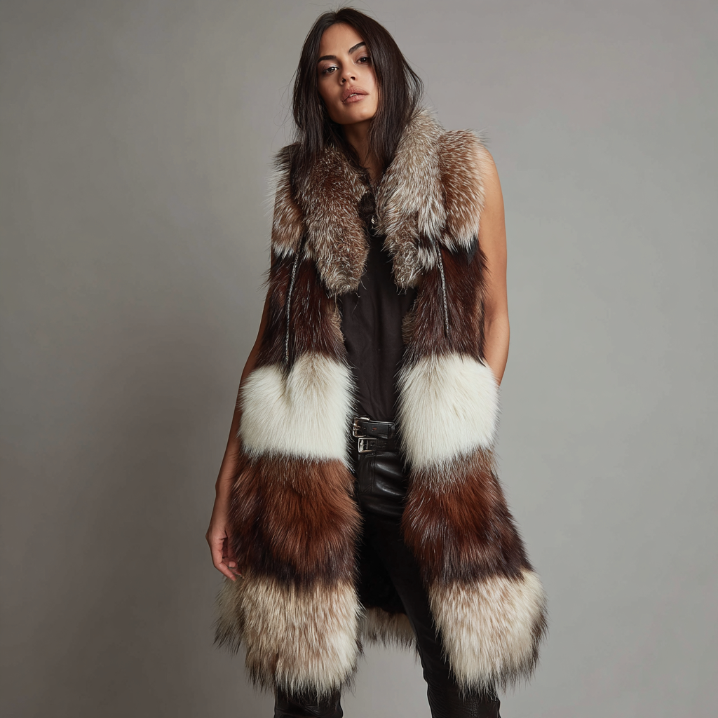 Damen Nerzweste - Echtpelz - Beige-Braun-Weiß - Langdesign - Luxus Winterkollektion - Größe M-Craftuse