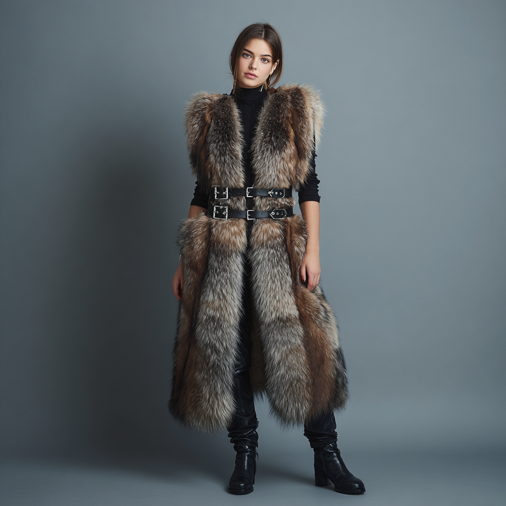 Damen Nerzweste - Echtpelz - Lang - Silber-Braun - Doppelriemen-Design - Größe M-Craftuse