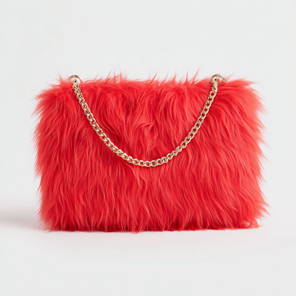 Damen Felltasche - Schultertasche aus Fell mit Goldkette - feuerrot - modernes Design für Abendmode - mittelgroß-Craftuse